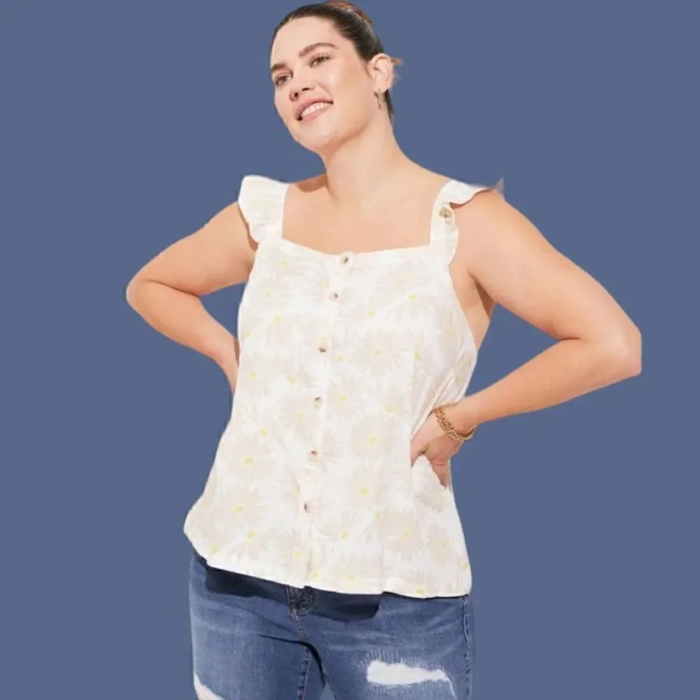 5X 28W Tan Torrid Daisy Double Gauze Ruffle Button Front Tank Top Square Neck Su